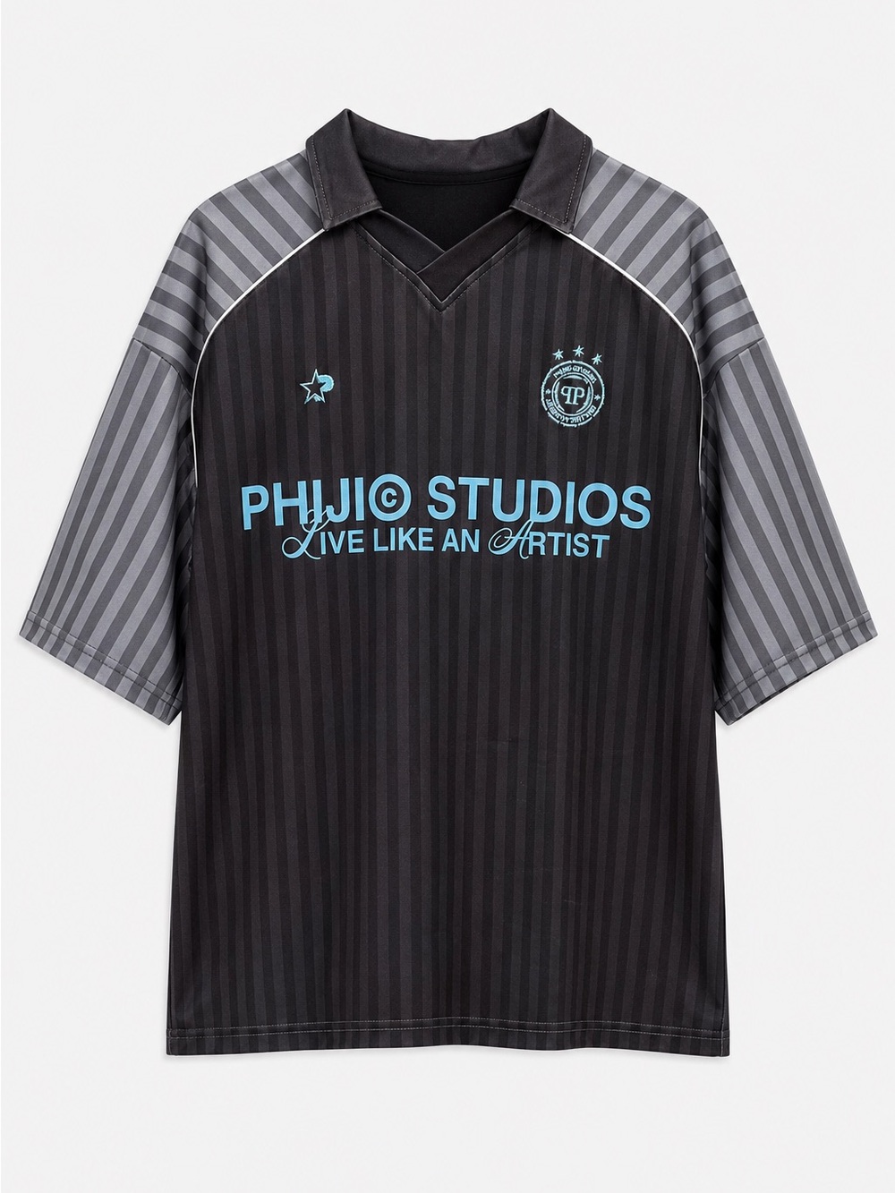Black & Gray Graphic Soccer Jersey with Blue Logo